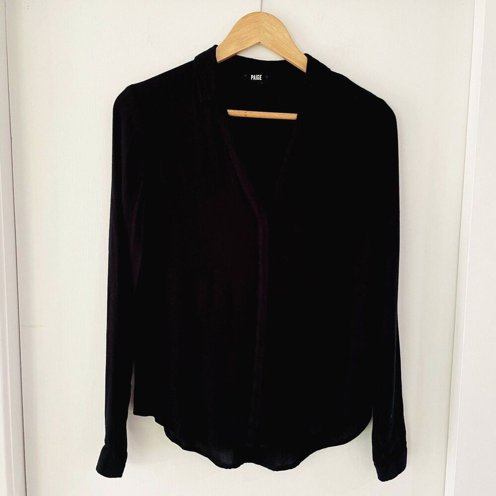 PAIGE Womens Casual Button Up Black V-Neck Long Sleeve Blouse Lightweight Size S